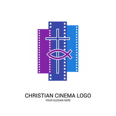 Christian cinema logo. Symbols of movies and videos for the ministry, conference, camp, festival, event.