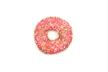 Pink donut with colorful sprinkles isolated on white background.