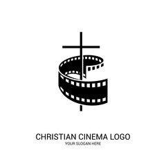 Fototapeta na wymiar Christian cinema logo. Symbols of movies and videos for the ministry, conference, camp, festival, event.