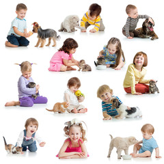 set of children with pets dogs, cats, rat