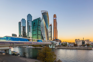 Fototapeta na wymiar Moscow city skyscraper, Moscow International Business Centre at evening time with Moscow river, Russia.