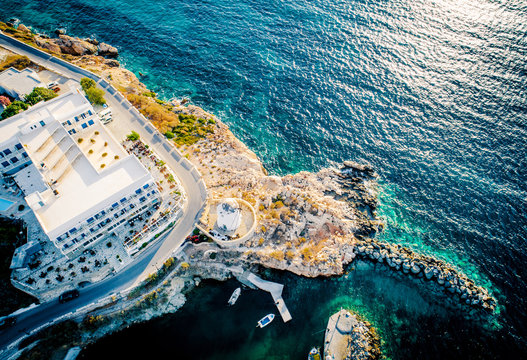 Aerial panoramic view of scenic costal village by the beautiful seashore, Paros, Greece