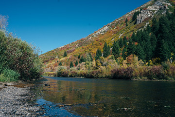 Green hills above clear river