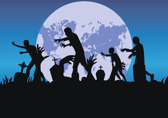 Fototapeta na wymiar vector silhouette of a crowd of zombies in a cemetery, tombstones in a cemetery under moon