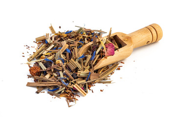 Herbal Tea Pile with a rustic wooden scoop on a white background. Mint, Lemongrass, cornflower, Rose Petals.