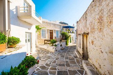 Street of Greek village of Lefkes with houses made of stone with small yard outdoors, Paros island - obrazy, fototapety, plakaty