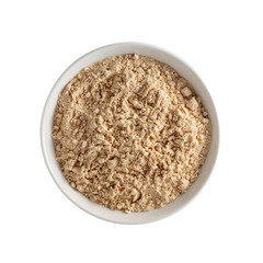 Protein powder in white bowl isolated on white background. Top view