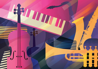 Abstract Jazz Art, Music instruments, trumpet, contrabass, saxophone and piano. - obrazy, fototapety, plakaty