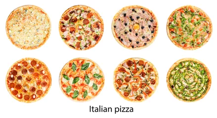Tuinposter Pizzeria Italiaanse pizza set geïsoleerd op witte achtergrond