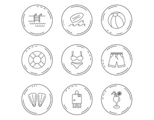 Surfboard, swimming pool and trunks icons.