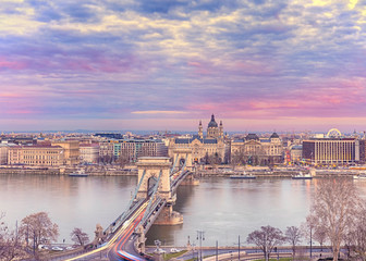Panorama of Budapest with the Chain Bridge at sunset, Hungary.