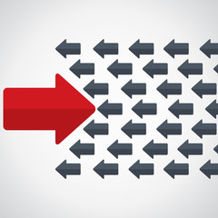 The arrrow is moving against the mainstream. Think differently. Stand out from the crowd concept.