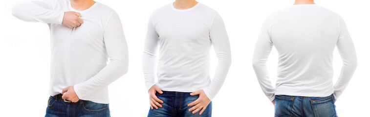 Man in a white short and longsleeved T shirts isolated on white background for your design, back and font