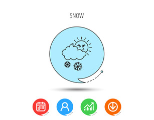 Snow with sun icon. Snowflakes and cloud sign.