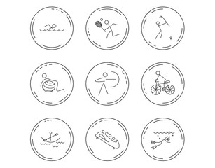 Swimming, tennis and golf icons. Biking, diving.