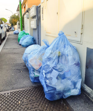 Bags with plastic. Separate collection for recycling in Italy.