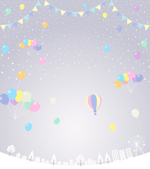 雪の街並みと風船｜パステルカラー