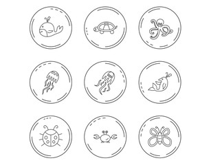 Octopus, turtle and dolphin icons. Jellyfish.