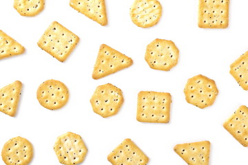 salty cracker biscuit isolated on white background and texture, top view