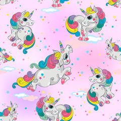 Seamless pattern with magic unicorns. Pink sky background with stars. For girls. Vector.