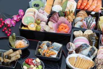 Fototapeta premium 日本の伝統食「お節料理」の俯瞰写真。正月、年始,料理,伝統,文化イメージ