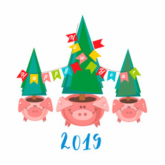 happy New Year. 2019. Funny pig pots with Christmas trees. Vector illustration
