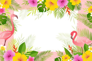 Fototapeta na wymiar Summer frame with flamingo, palm leaves and tropical flowers. Vector floral banner template.