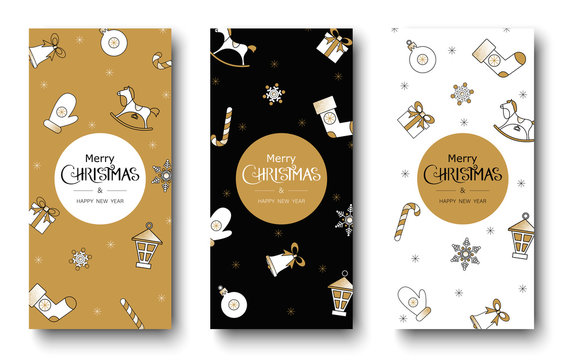 Set of Merry Christmas and Happy New Year greeting cards with festive pattern.