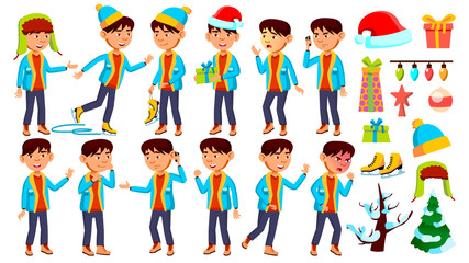 Asian Boy Schoolboy Kid Poses Set Vector. Chrastmas, New Year. Youth, Caucasian. For Card, Advertisement, Greeting Design. Isolated Cartoon Illustration