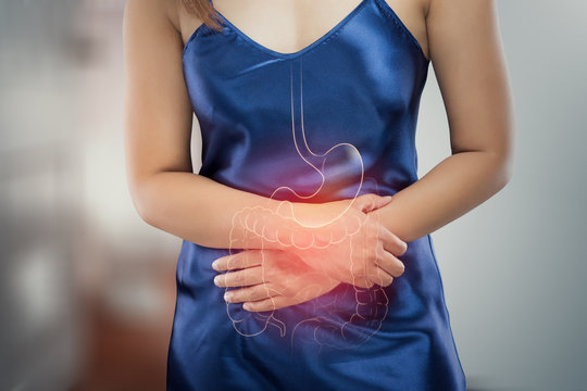 Asian Woman In Satin Nightdress Wake Up For Go To Restroom, The Photo Of Internal Organs Is On The Women's Body Against Toilet Background, Healthcare And Lifestyle Concept.