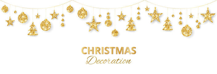 Christmas golden decoration isolated on white background. Holiday vector frame, border.