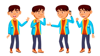 Asian Boy Schoolboy Kid Poses Set Vector. Primary School Child. Funny Children. Junior. Lifestyle, Friendly. For Advertising, Booklet, Placard Design. Isolated Cartoon Illustration