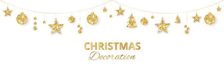 Christmas golden decoration isolated on white background. Holiday vector frame, border.