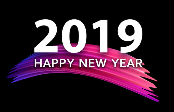 Black Happy New Year 2019 poster with pink brush stroke.