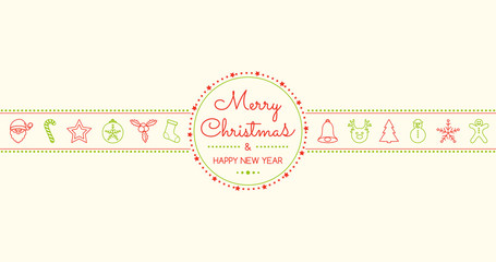 Christmas greeting card with retro hand drawn elements. Vector.