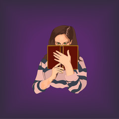 
Girl reading a book. Hands holding book. Vector illustration. Vector illustration on violet background.
