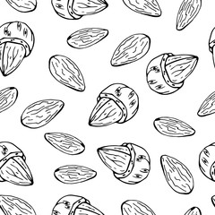 Pattern of vector illustrations on the nutrition theme; set of almonds. Realistic isolated objects for your design.