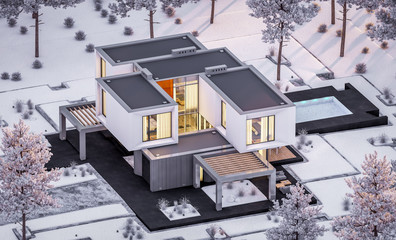 3d rendering of modern cozy house with garage and garden. Cool winter evening with cozy warm light from windows. For sale or rent with beautiful white spruce on background