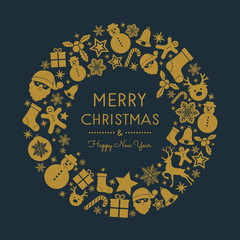Merry Christmas and Happy New Year - greeting card with festive ornaments. Vector.