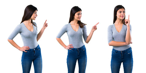 Obraz premium Set of Teenager girl pointing finger to the side and presenting a product and pointing