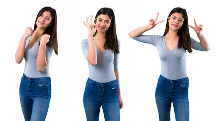Fototapeta premium Set of Teenager girl showing an ok sign with fingers