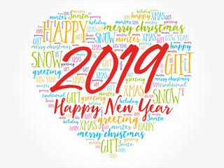 2019 Happy New Year Heart word cloud collage, holiday background