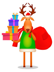 Funny deer wearing Santa Claus hat and red scarf