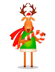 Funny deer wearing Santa Claus hat and red scarf