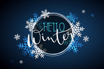 Vector illustration of winter banner template with hand lettering label - hello, winter - with snowflakes