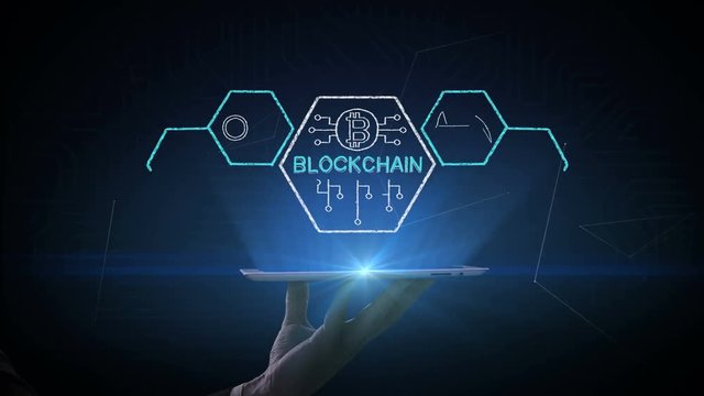 Lifting smart pad, tablet, various block chain financial technology icon, 4k animation.