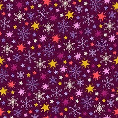 Christmas seamless pattern with snowflakes and stars