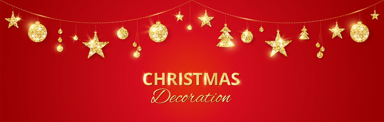 Christmas golden decoration on red background. Holiday vector frame, border.