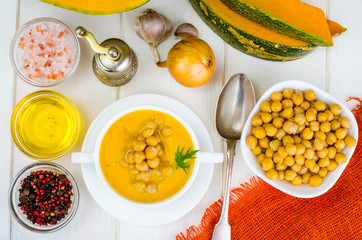 Vegetarian dishes. Pumpkin cream soup with chickpeas