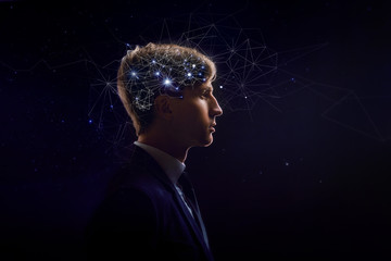 Profile of man with symbol neurons in brain. Thinking like stars, the cosmos inside human